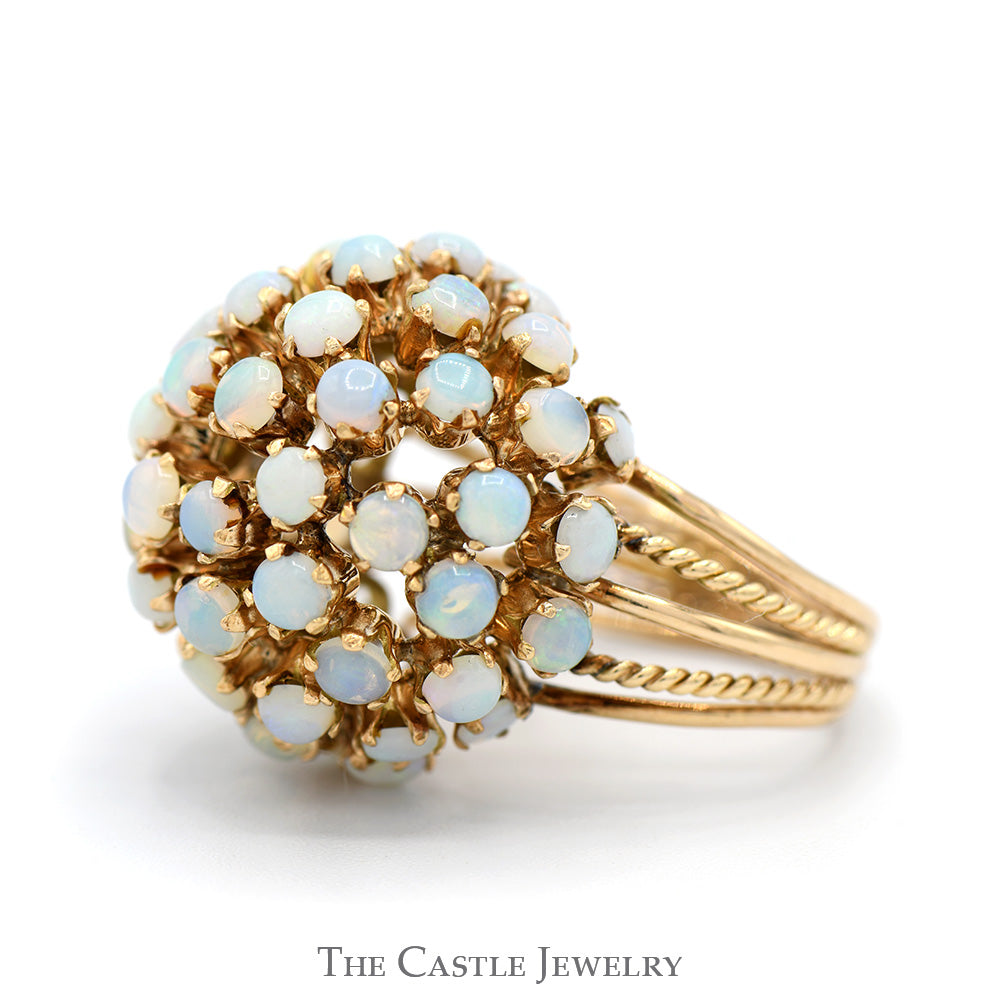 Dome Shaped Opal Cluster Ring with Open Split Rope Designed Sides in 10k Yellow Gold