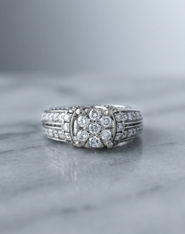 1.00ctw Diamond Cluster Ring with Multi-Row Shoulders in 14k White Gold