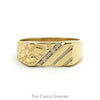 Diagonally Set Diamond Accented Nugget Textured Ring with Ridged Design  in 10k Yellow Gold - Thumbnail 1