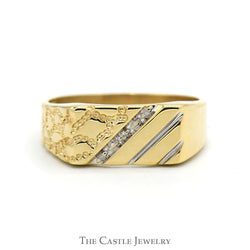 Diagonally Set Diamond Accented Nugget Textured Ring with Ridged Design  in 10k Yellow Gold