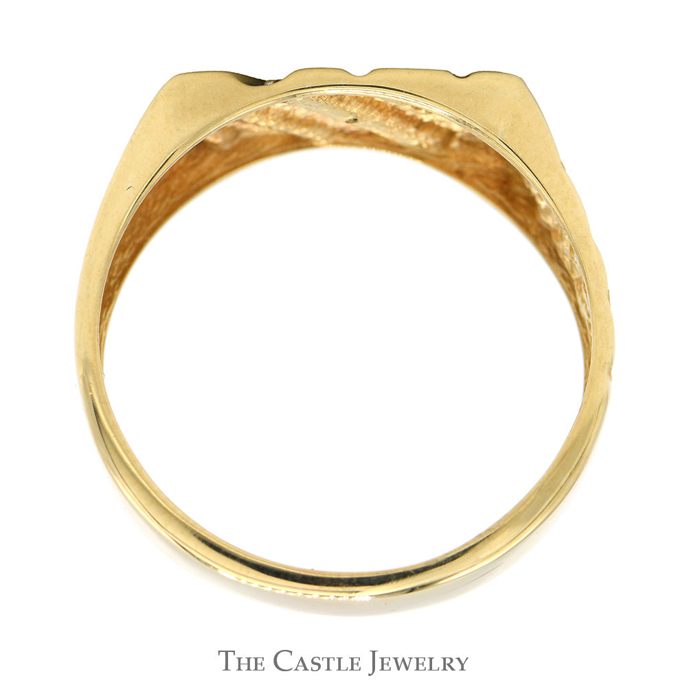 Diagonally Set Diamond Accented Nugget Textured Ring with Ridged Design  in 10k Yellow Gold