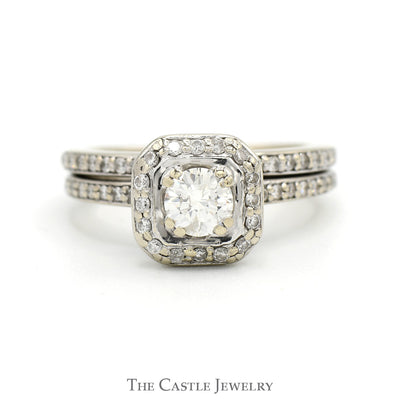 Round Diamond Solitaire Bridal Set with Diamond Halo & Matching Soldered band in 10k White Gold
