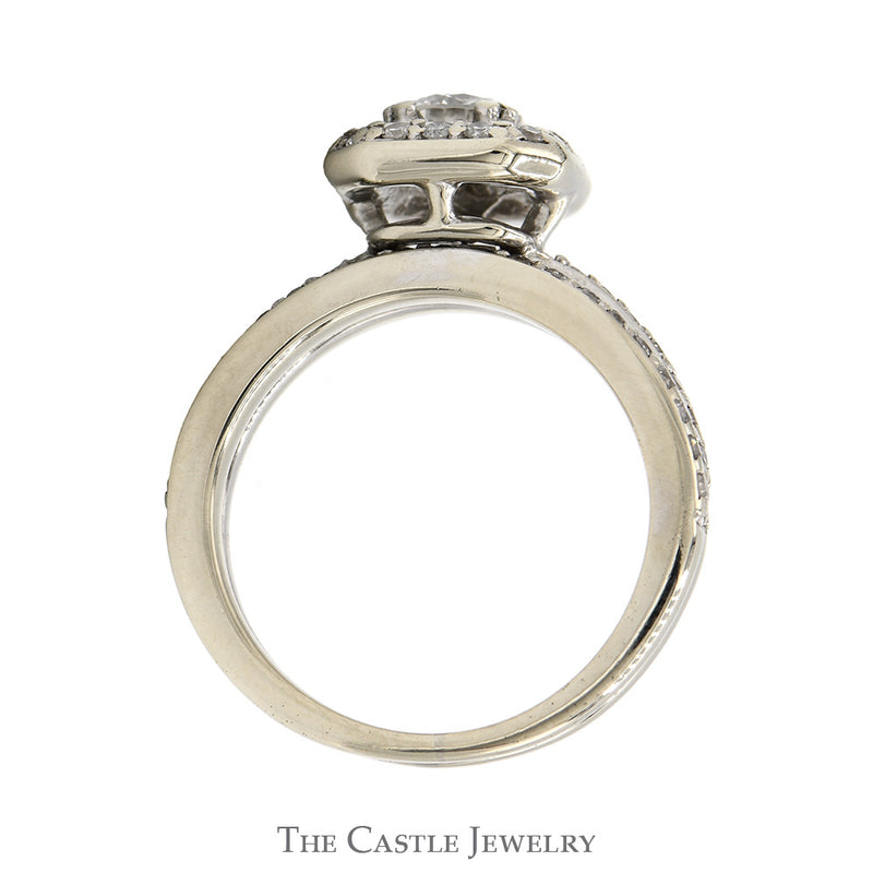 Round Diamond Solitaire Bridal Set with Diamond Halo & Matching Soldered band in 10k White Gold