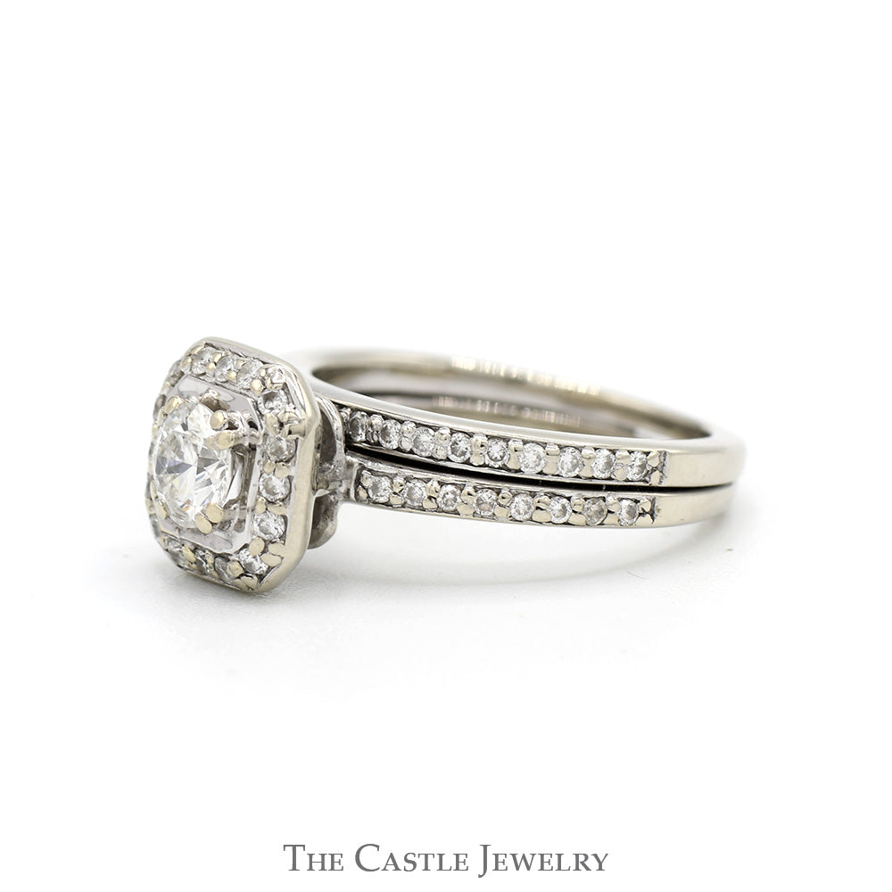 Round Diamond Solitaire Bridal Set with Diamond Halo & Matching Soldered band in 10k White Gold