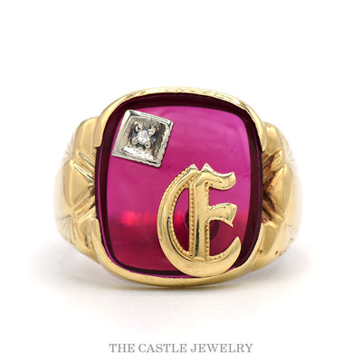 Men's "E" Ring with Diamond Accent on Synthetic Red Stone in 10k Yellow Gold