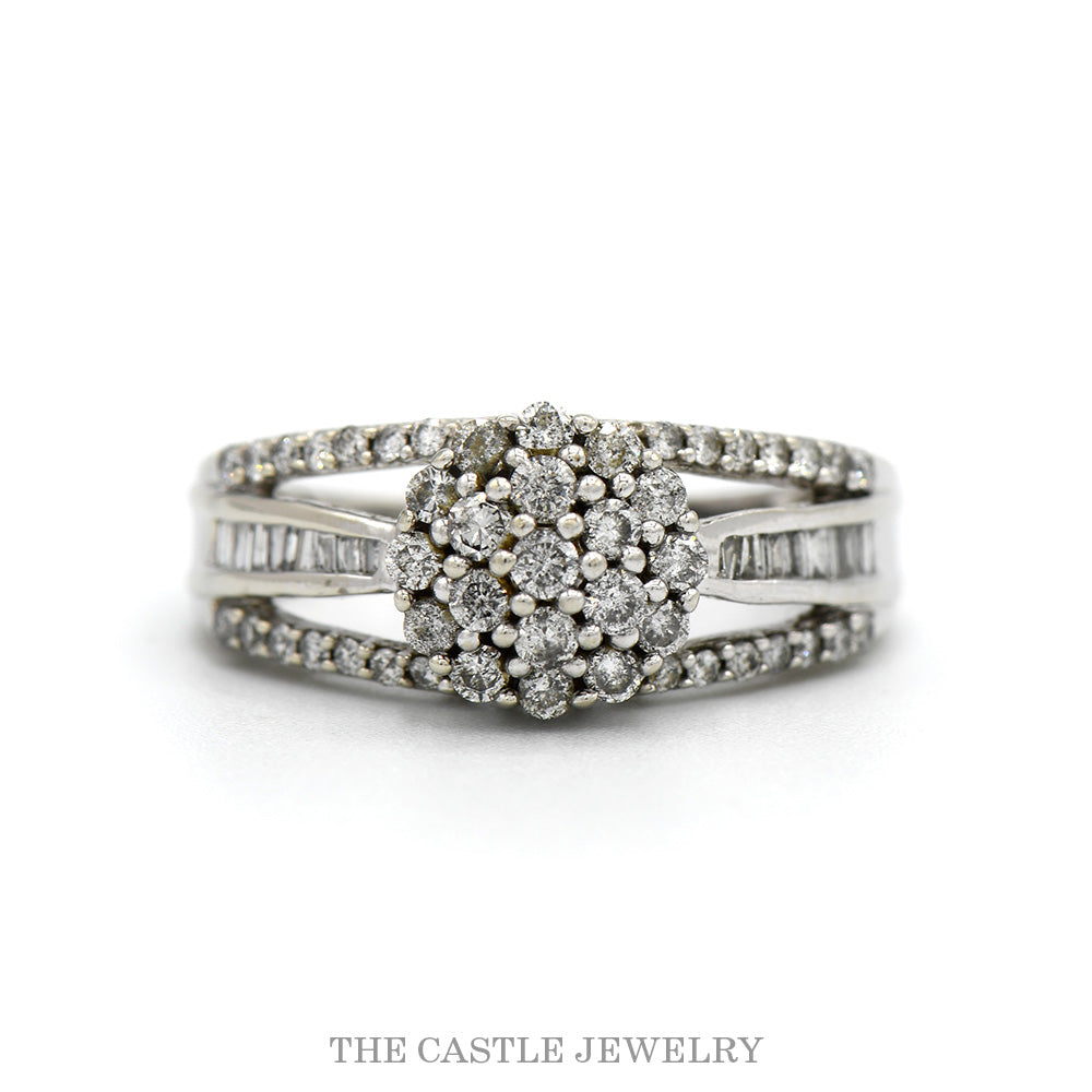 1cttw Round Diamond Cluster Ring with Diamond Accented Split Sides in 10k White Gold