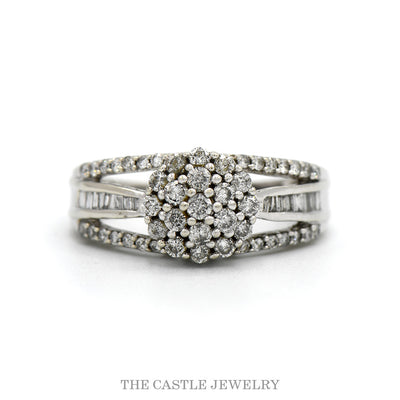 1cttw Round Diamond Cluster Ring with Diamond Accented Split Sides in 10k White Gold