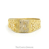 Two Tone Gold "E" Ring with Open Nugget Textured Sides in 14k Yellow & White Gold - Thumbnail 1