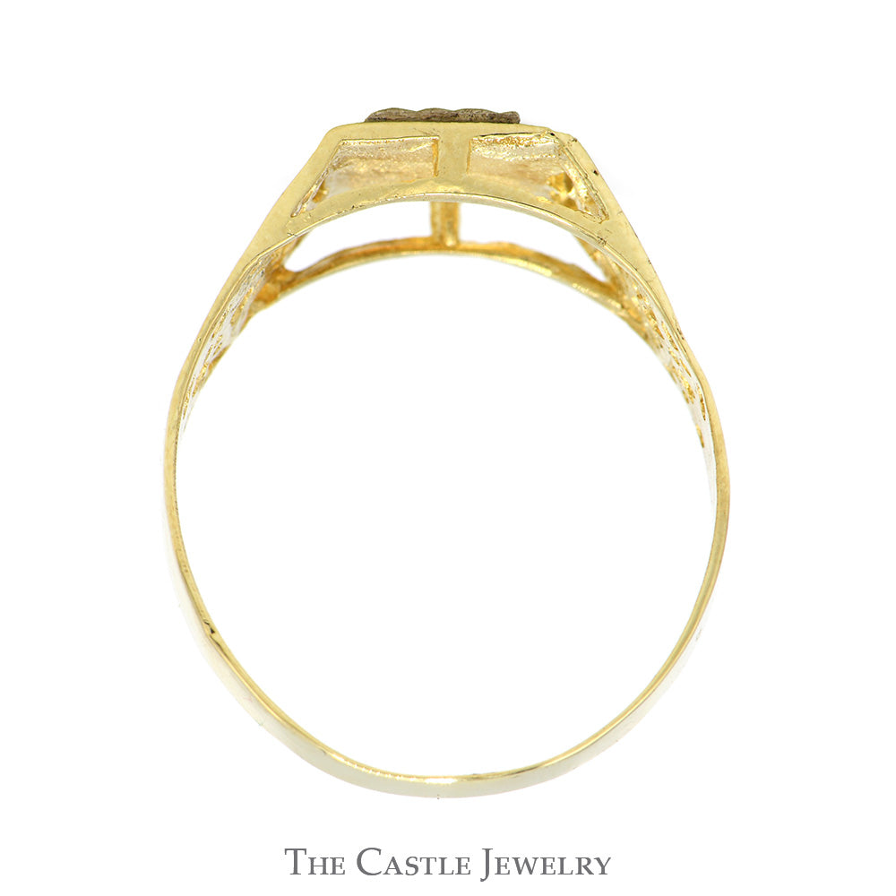 Two Tone Gold "E" Ring with Open Nugget Textured Sides in 14k Yellow & White Gold