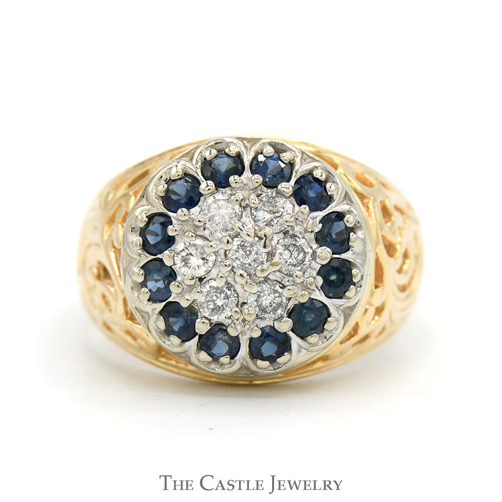 Round Sapphire & 1/2cttw Diamond Kentucky Cluster Ring with Open Filigree Sides in 14k Yellow Gold