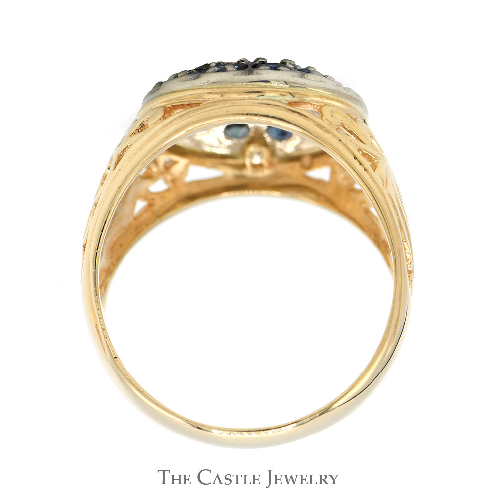 Round Sapphire & 1/2cttw Diamond Kentucky Cluster Ring with Open Filigree Sides in 14k Yellow Gold