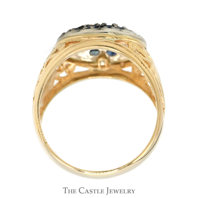 Round Sapphire & 1/2cttw Diamond Kentucky Cluster Ring with Open Filigree Sides in 14k Yellow Gold