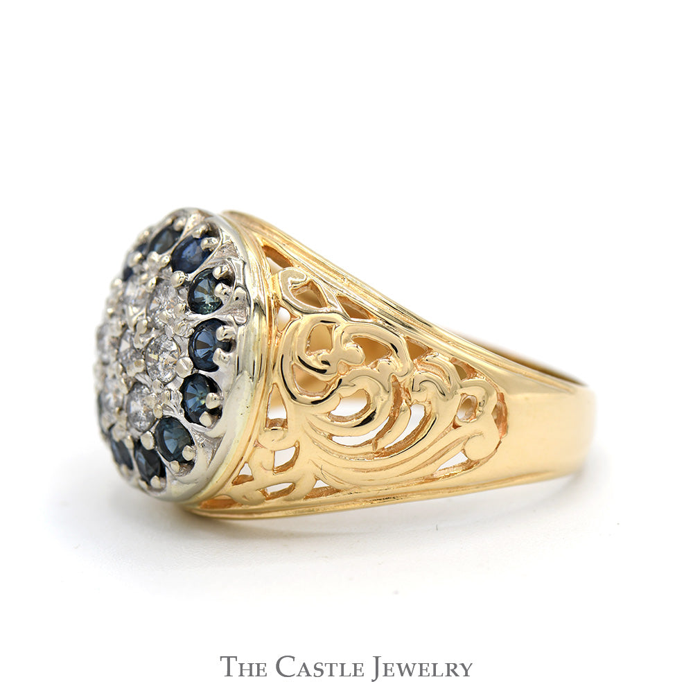 Round Sapphire & 1/2cttw Diamond Kentucky Cluster Ring with Open Filigree Sides in 14k Yellow Gold