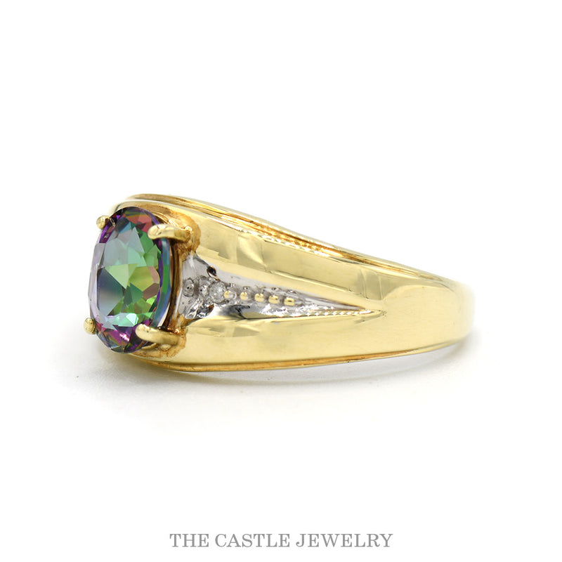 Oval Mystic Topaz Ring with Illusion Set Diamond Accented Sides in 10k Yellow Gold