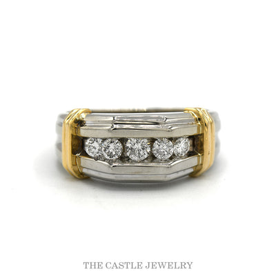 Two Toned 1/2cttw 5 Nick Set Diamond Band with Yellow Gold Bar Accents in 14k White Gold