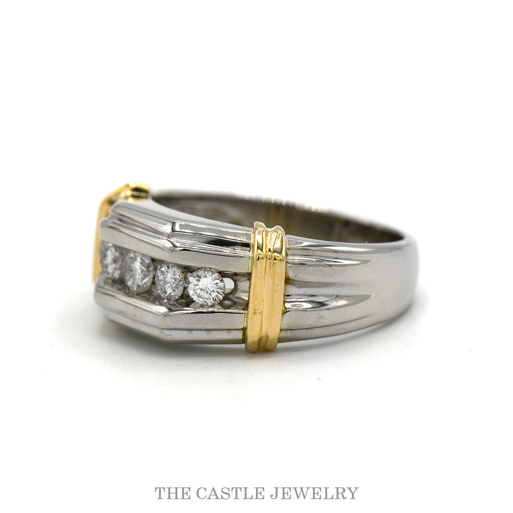Two Toned 1/2cttw 5 Nick Set Diamond Band with Yellow Gold Bar Accents in 14k White Gold