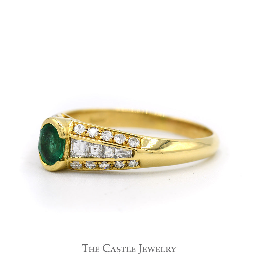 Oval Cut Emerald Ring with Baguette & Round Diamond Accented Sides in 18k Yellow Gold