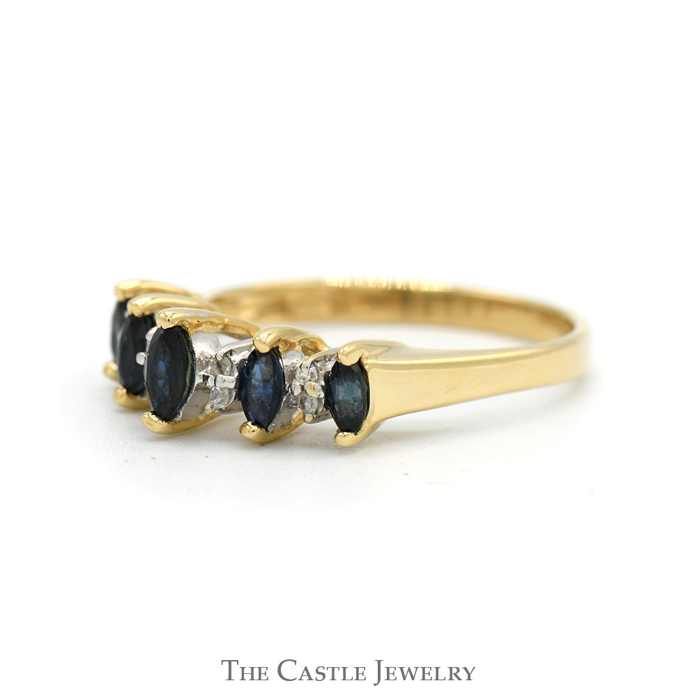 5 Marquise Cut Sapphire Band with Diamond Accents in 14k Yellow Gold