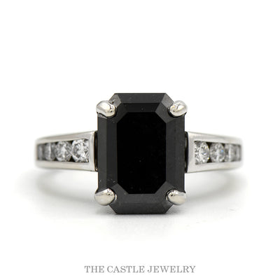 6ct Emerald Cut Black Diamond Ring with Channel Set Diamond Accented Sides in 14k White Gold