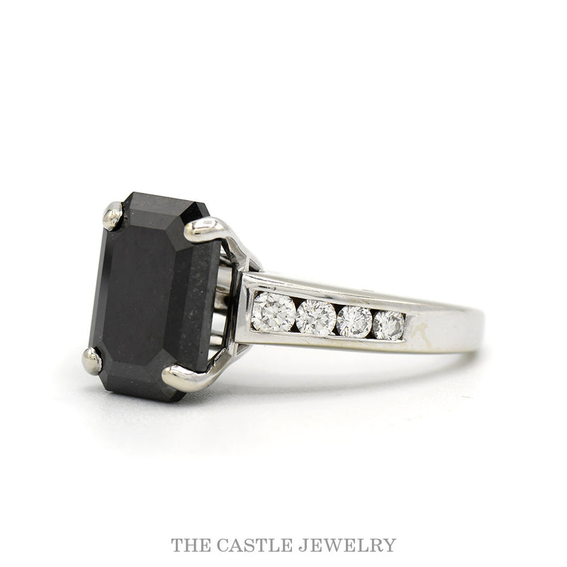 6ct Emerald Cut Black Diamond Ring with Channel Set Diamond Accented Sides in 14k White Gold