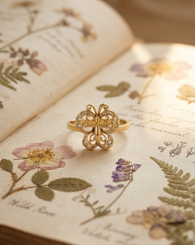 Cubic Zirconia Butterfly Ring with Openwork Filigree Wings in 14k Yellow Gold