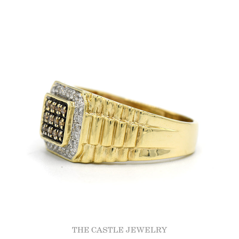 Side profile of the 10k yellow gold chocolate diamond cluster ring showing cluster height and band thickness