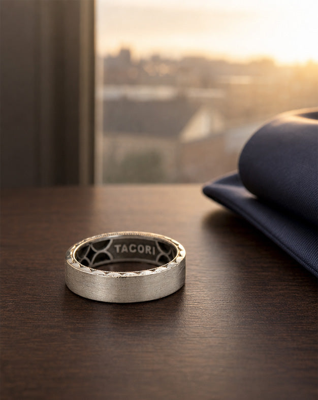 Tacori 6.25mm Brushed Men's Band with Scalloped Crescent Edges in 18k White Gold