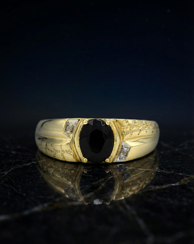 Oval Faceted Black Onyx Men's Ring with Diamond Accents in 10k Yellow Gold