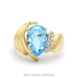 10K Yellow Gold Pear Blue Topaz Diamond Accent Statement Ring