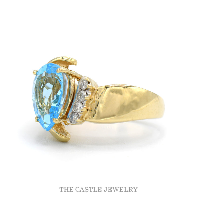 10K Yellow Gold Pear Blue Topaz Diamond Accent Statement Ring