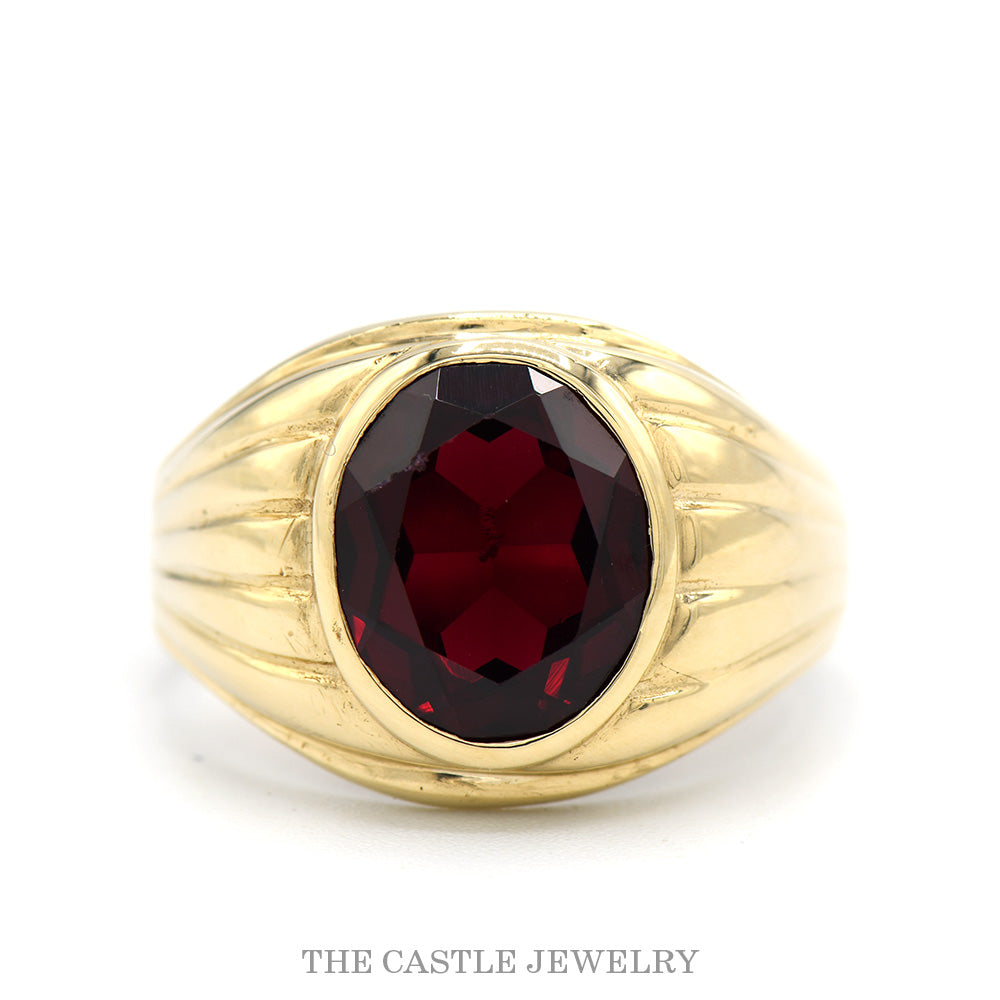 10K Yellow Gold Oval Garnet Bezel Set Grooved Statement Ring