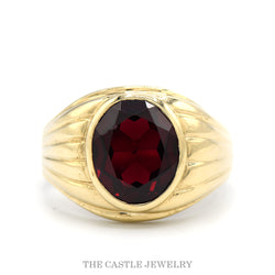 10K Yellow Gold Oval Garnet Bezel Set Grooved Statement Ring