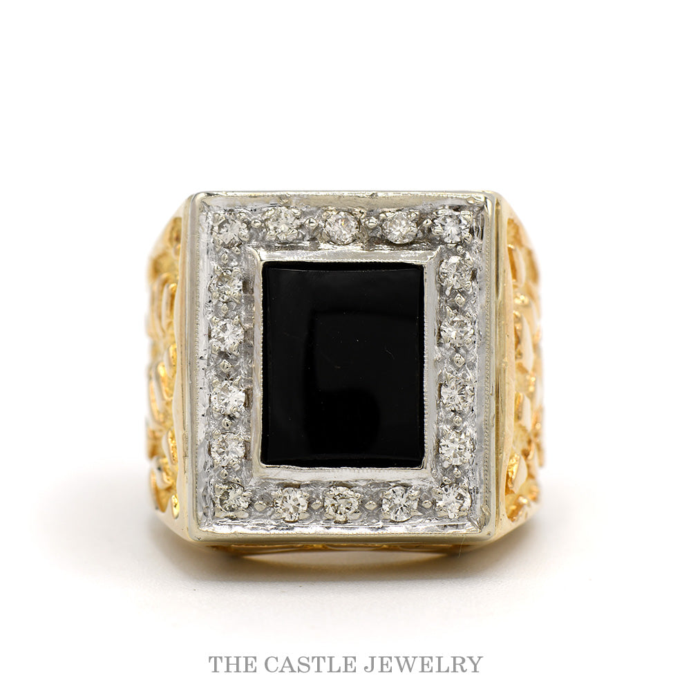 Rectangular Black Onyx Men's Ring with Diamond Bezel and Nugget Designed Sides in 10k Yellow Gold
