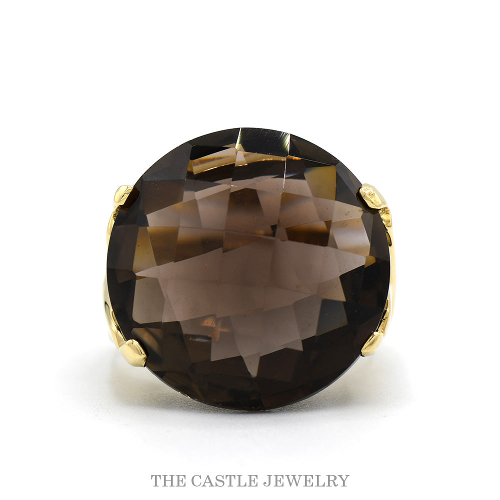 Large Round Smokey Quartz Solitaire with Open Twisted Sides in 10k Yellow Gold
