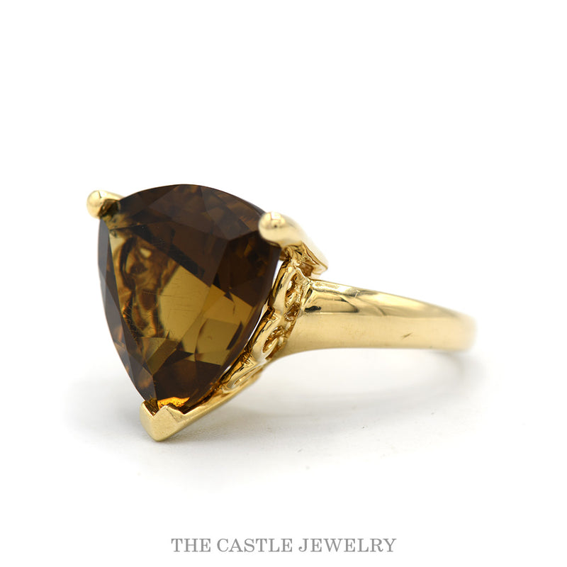 Large Trillion Cut Smokey Quartz Ring in 14k Yellow Gold