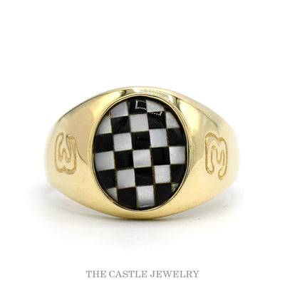 Oval Shaped Checkered Mother of Pearl & Onyx Racing Ring with "3" Sides in 10k Yellow Gold