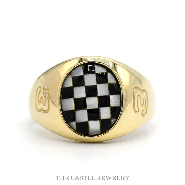 Oval Shaped Checkered Mother of Pearl & Onyx Racing Ring with "3" Sides in 10k Yellow Gold