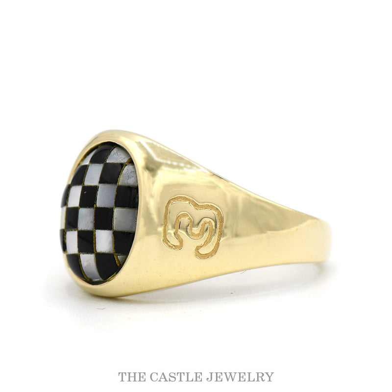 Oval Shaped Checkered Mother of Pearl & Onyx Racing Ring with "3" Sides in 10k Yellow Gold