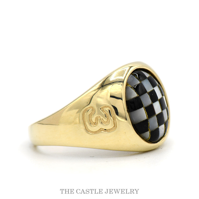 Oval Shaped Checkered Mother of Pearl & Onyx Racing Ring with "3" Sides in 10k Yellow Gold