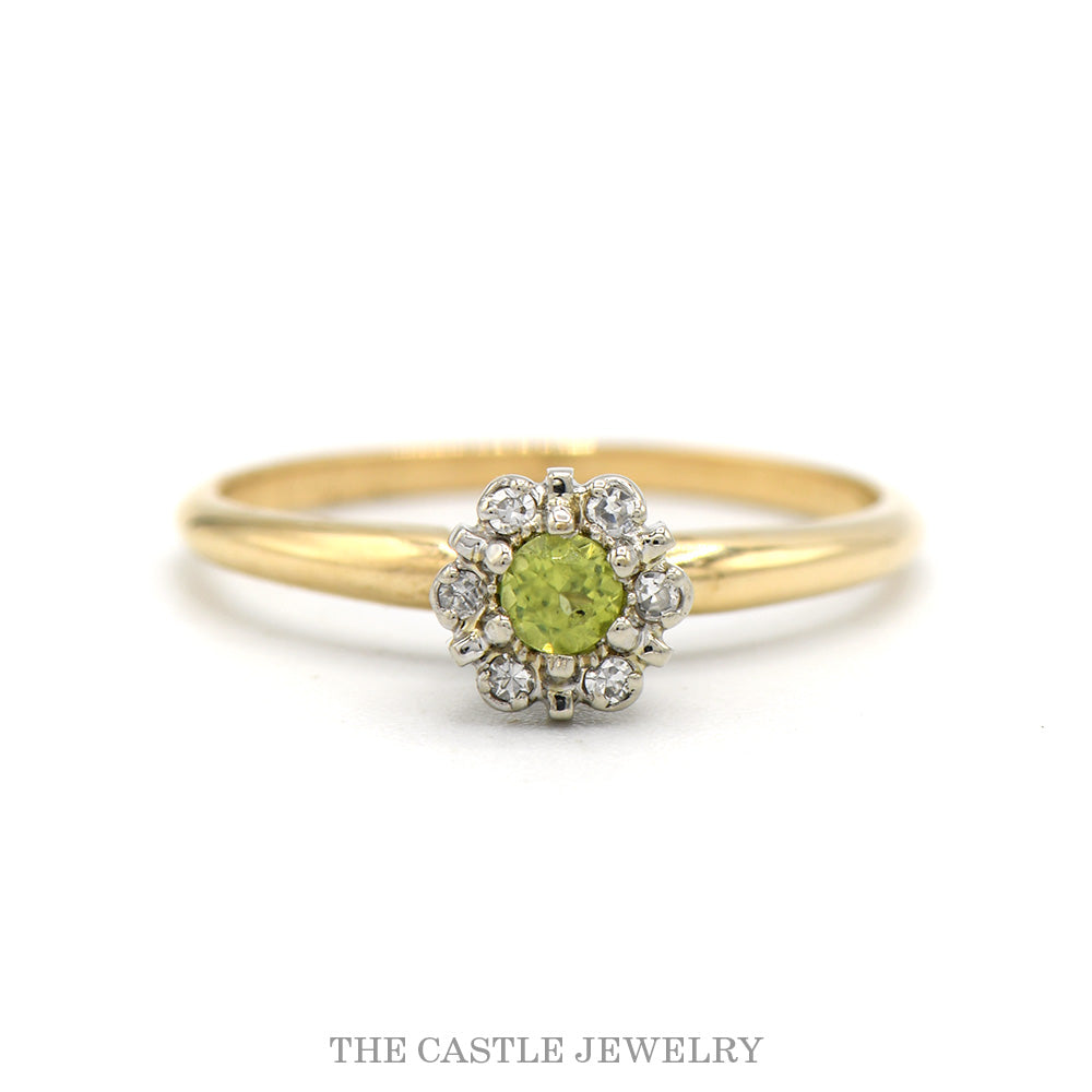 Round Peridot Ring with Diamond Halo in 14k Yellow Gold