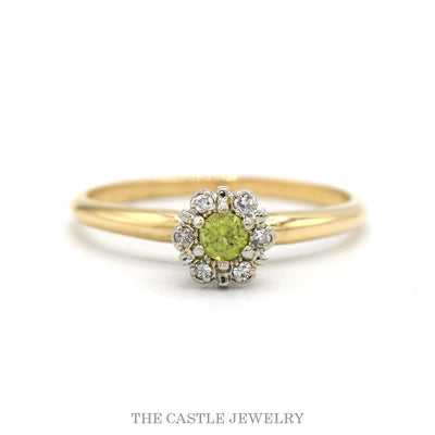 Round Peridot Ring with Diamond Halo in 14k Yellow Gold