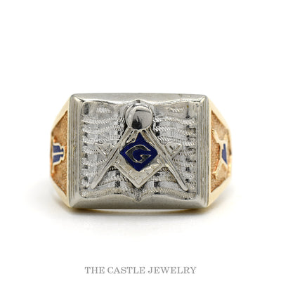 Two Tone Masonic Ring with Square & Compass and Side Symbols in 10k Yellow & White Gold
