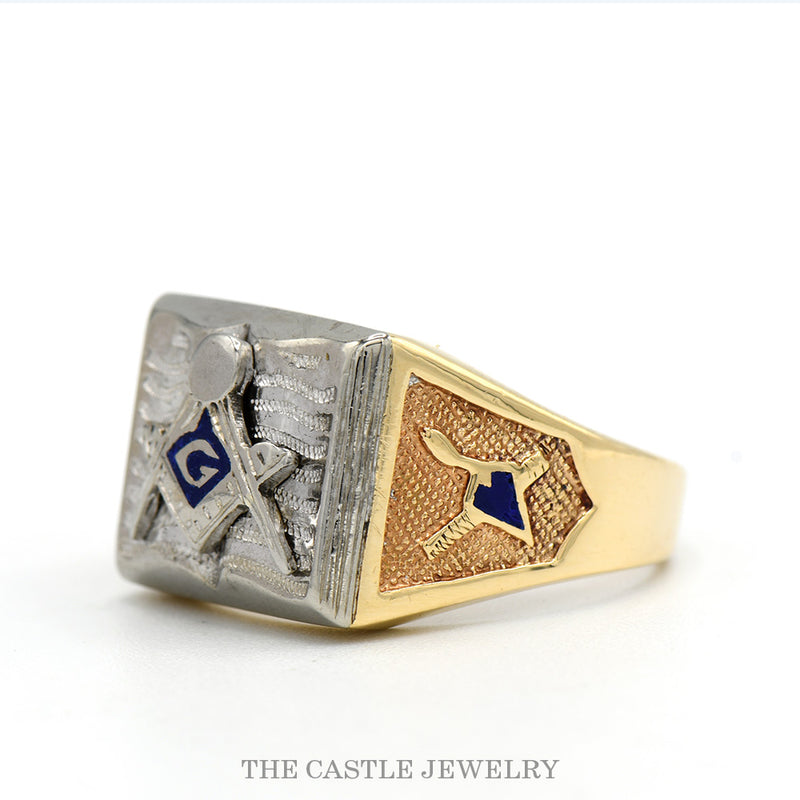 Two Tone Masonic Ring with Square & Compass and Side Symbols in 10k Yellow & White Gold
