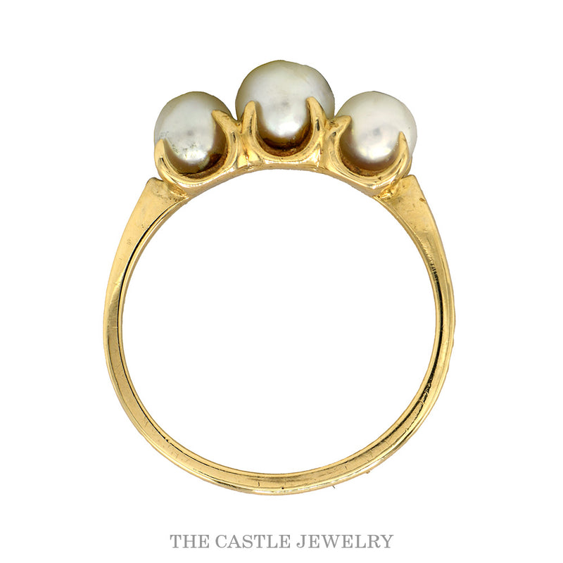 Three Stone Round Pearl Ring in 14k Yellow Gold