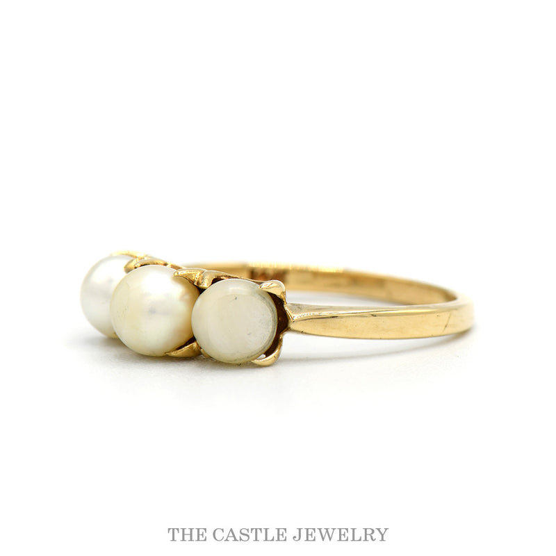 Three Stone Round Pearl Ring in 14k Yellow Gold