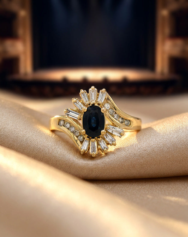 Oval Sapphire Ballerina Ring with 0.25cttw Baguette and Round Diamond Accents in 14k Yellow Gold