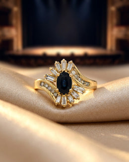 Oval Sapphire Ballerina Ring with 0.25cttw Baguette and Round Diamond Accents in 14k Yellow Gold