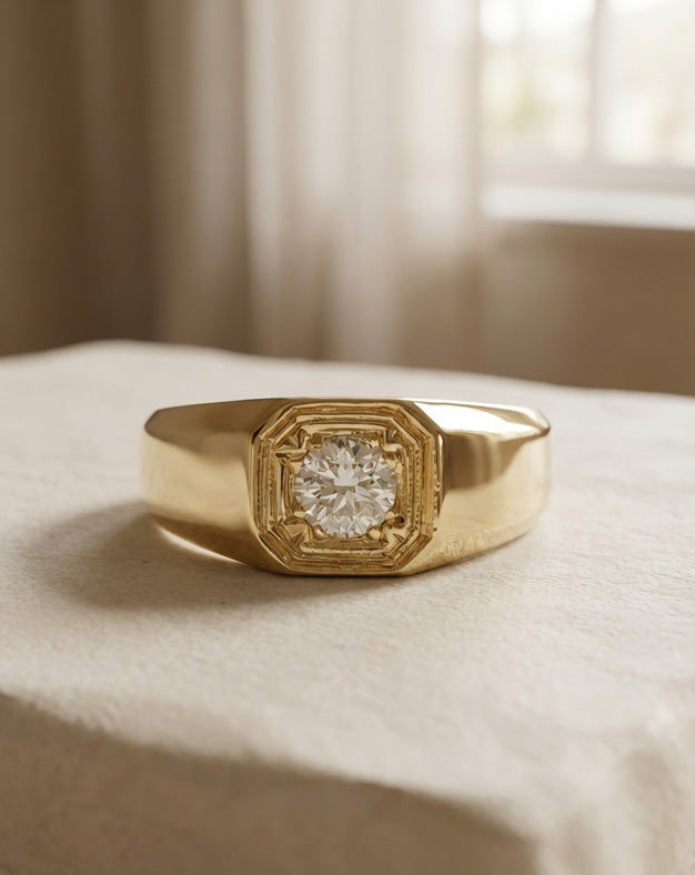 0.50 Carat Bezel-Set Round Brilliant Diamond Solitaire Men's Ring in 14k Yellow Gold