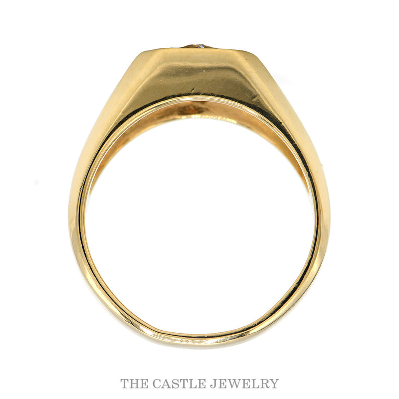 Front-facing view of the 14k yellow gold diamond solitaire men's ring showing the squared polished shoulders