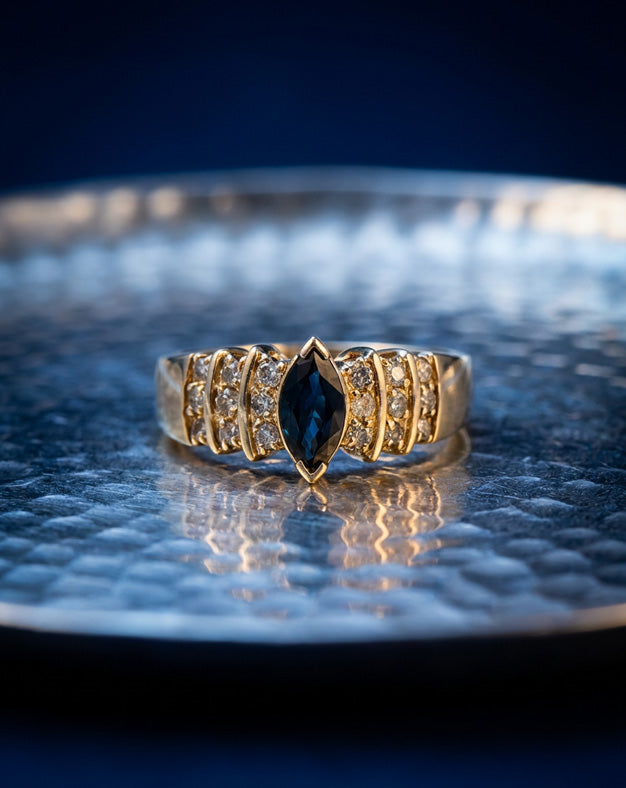 Marquise Sapphire Ring with 0.25ctw Three-Row Diamond Shoulders in 14k Yellow Gold
